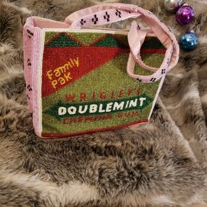 VINTAGE HANDMADE Glass Beaded Purse. Wrigley's Gum Double Mint. Pink